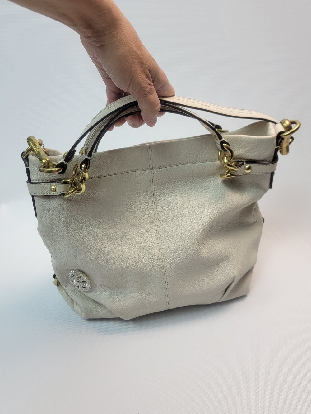 Coach Brooch Ivory Cream Shoulder Tote Handle Purse Bag Gold Hardware Leather
